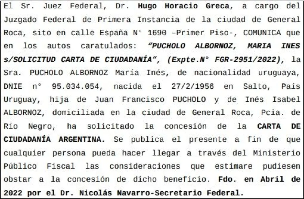 Edicto por obtención ciudadanía de la Justicia Federal