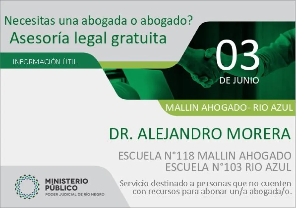 Este viernes asesoramiento legal gratuito en Mallín Ahogado y Río Azul