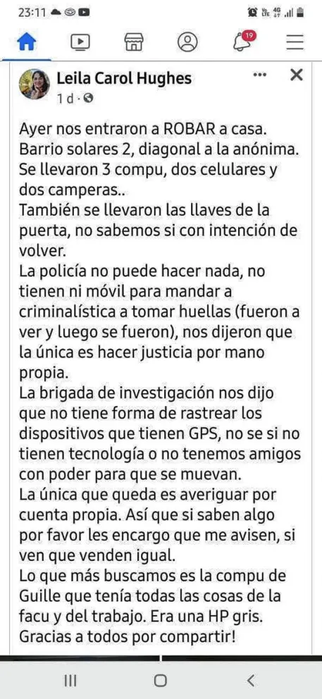 Le robaron y pide por Facebook que le ayuden a recuperar las cosas
