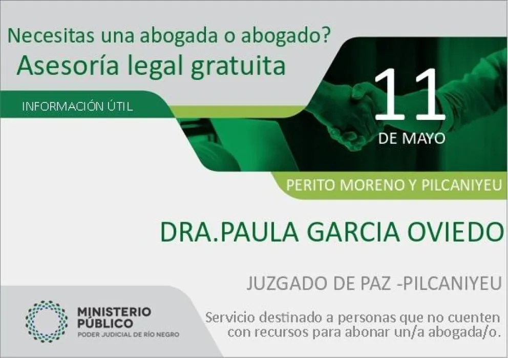 Este miércoles atención legal gratuita en Pilcaniyeu 