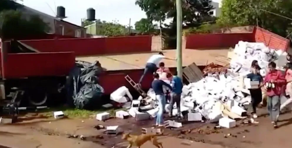 Volcó un camión que transportaba vino y la gente se llevó la carga en carretilla